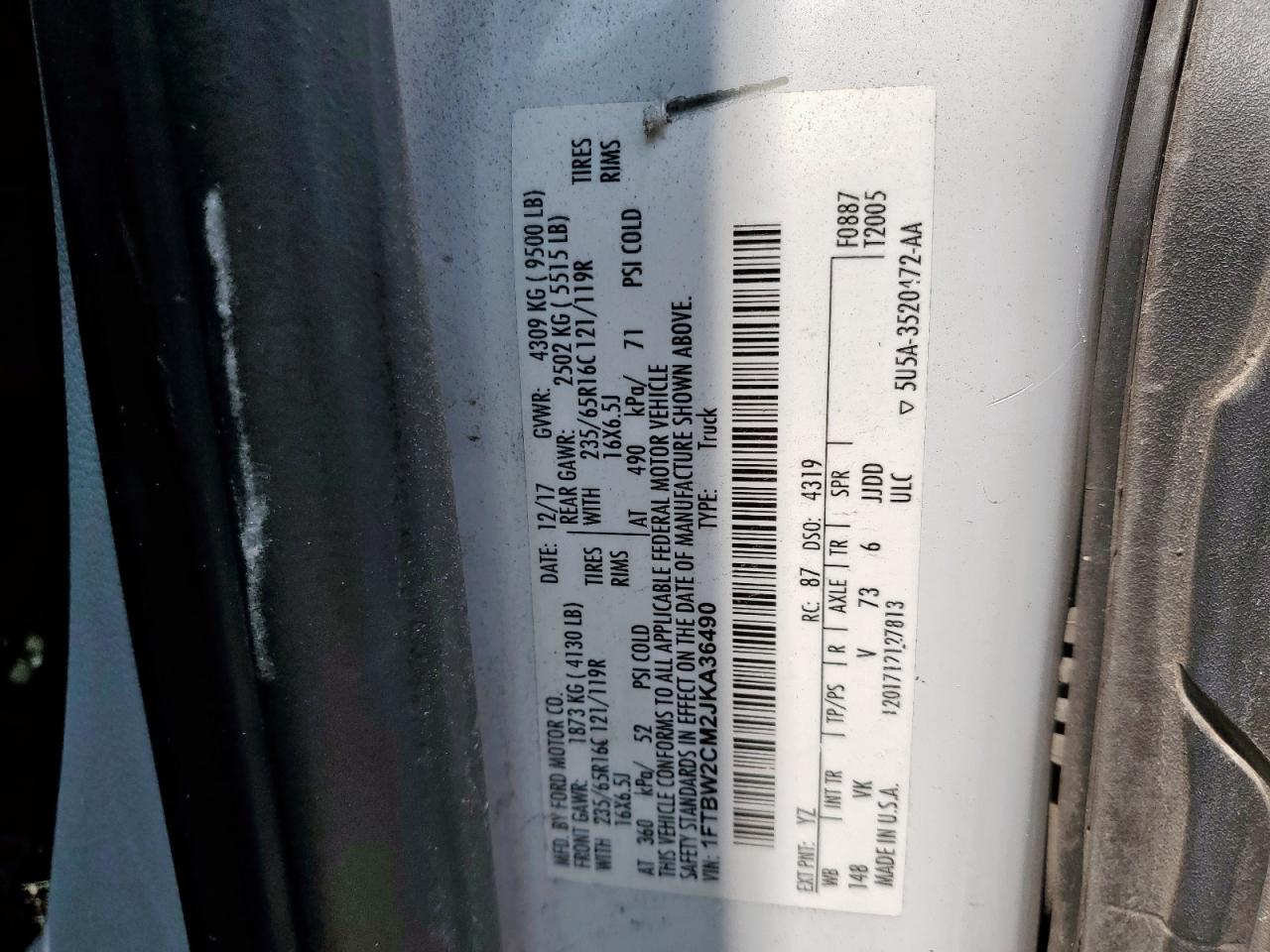 2018 Ford Transit T-350 VIN: 1FTBW2CM2JKA36490 Lot: 80511765