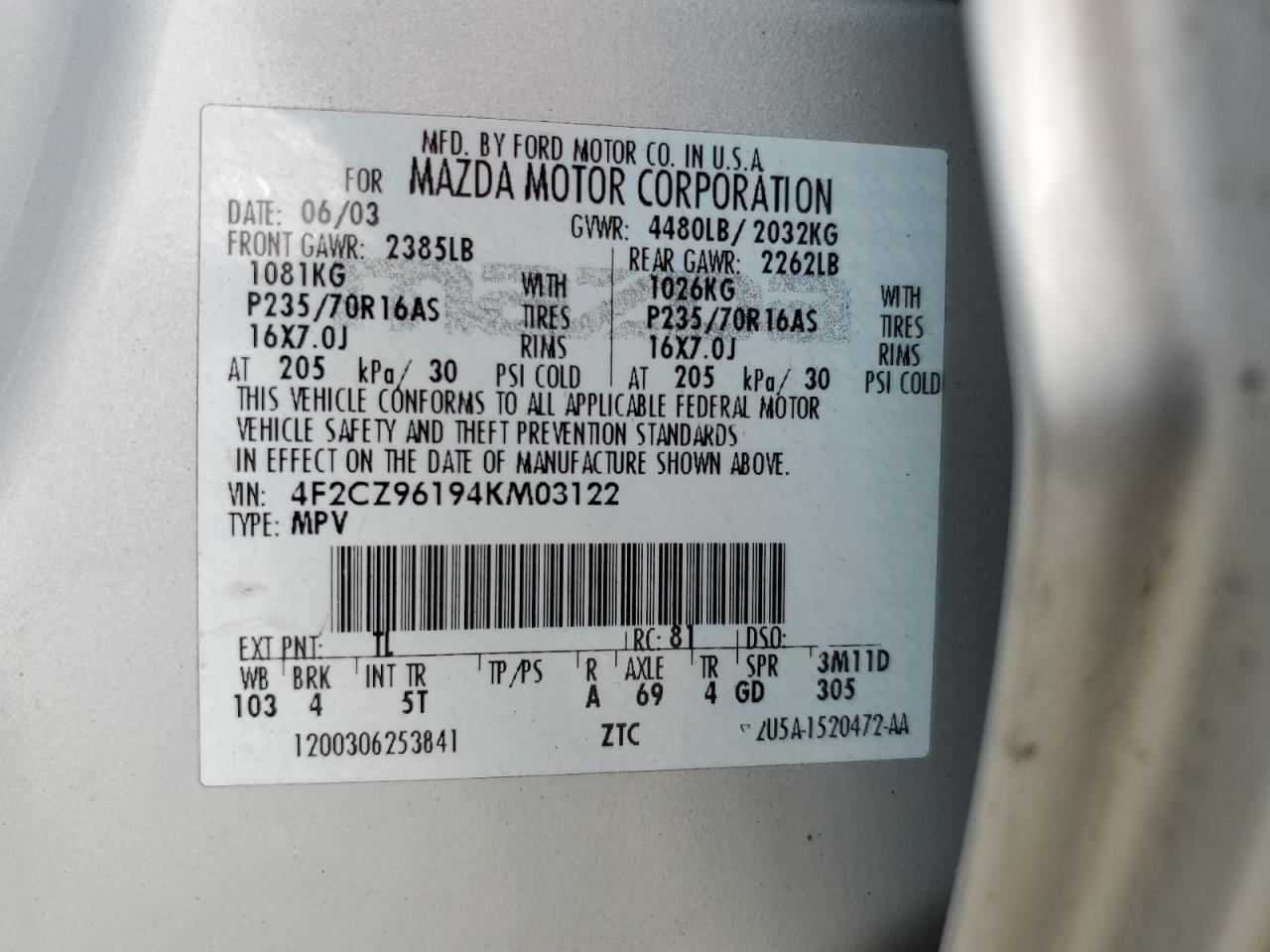 2004 Mazda Tribute Es VIN: 4F2CZ96194KM03122 Lot: 83787515