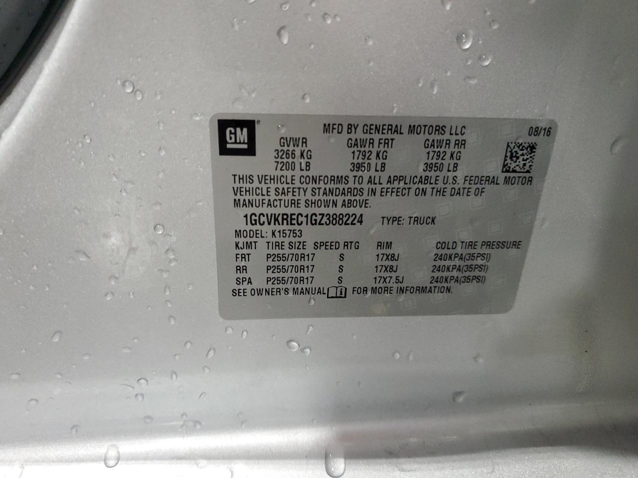 2016 Chevrolet Silverado K1500 Lt VIN: 1GCVKREC1GZ388224 Lot: 94872295