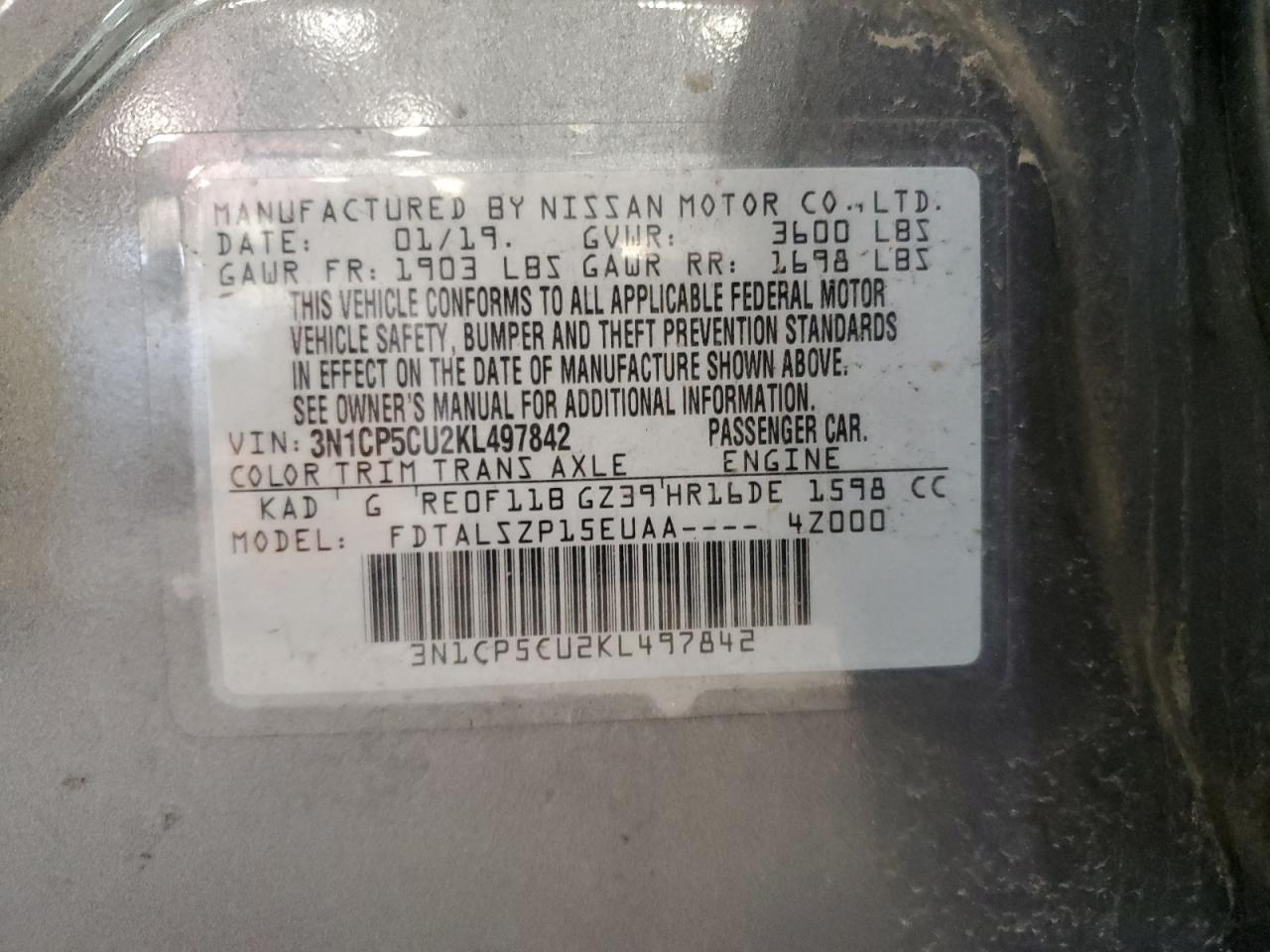 2019 Nissan Kicks S VIN: 3N1CP5CU2KL497842 Lot: 70822055