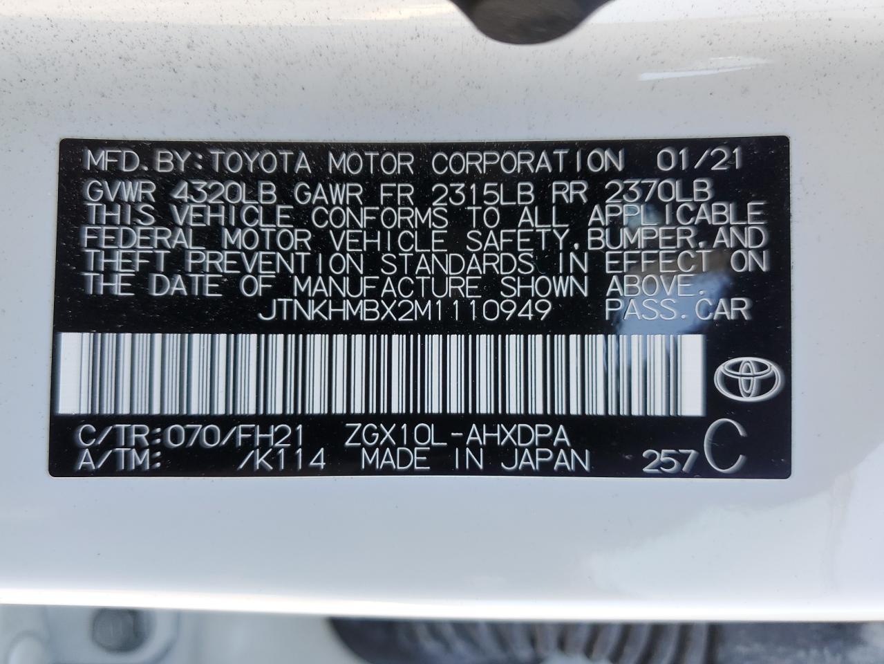 2021 Toyota C-Hr Xle VIN: JTNKHMBX2M1110949 Lot: 71856285