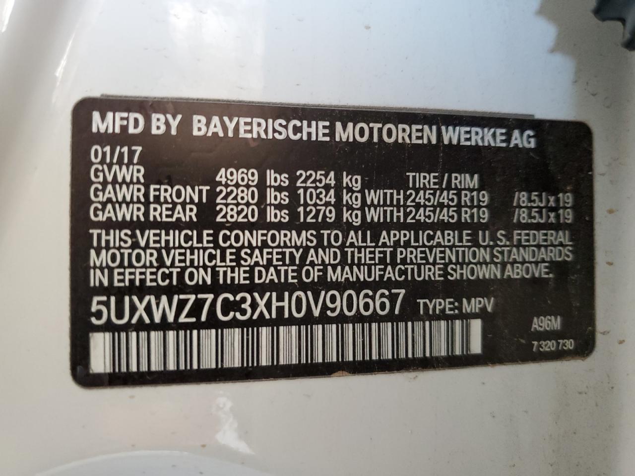 2017 BMW X3 Sdrive28I VIN: 5UXWZ7C3XH0V90667 Lot: 81762695