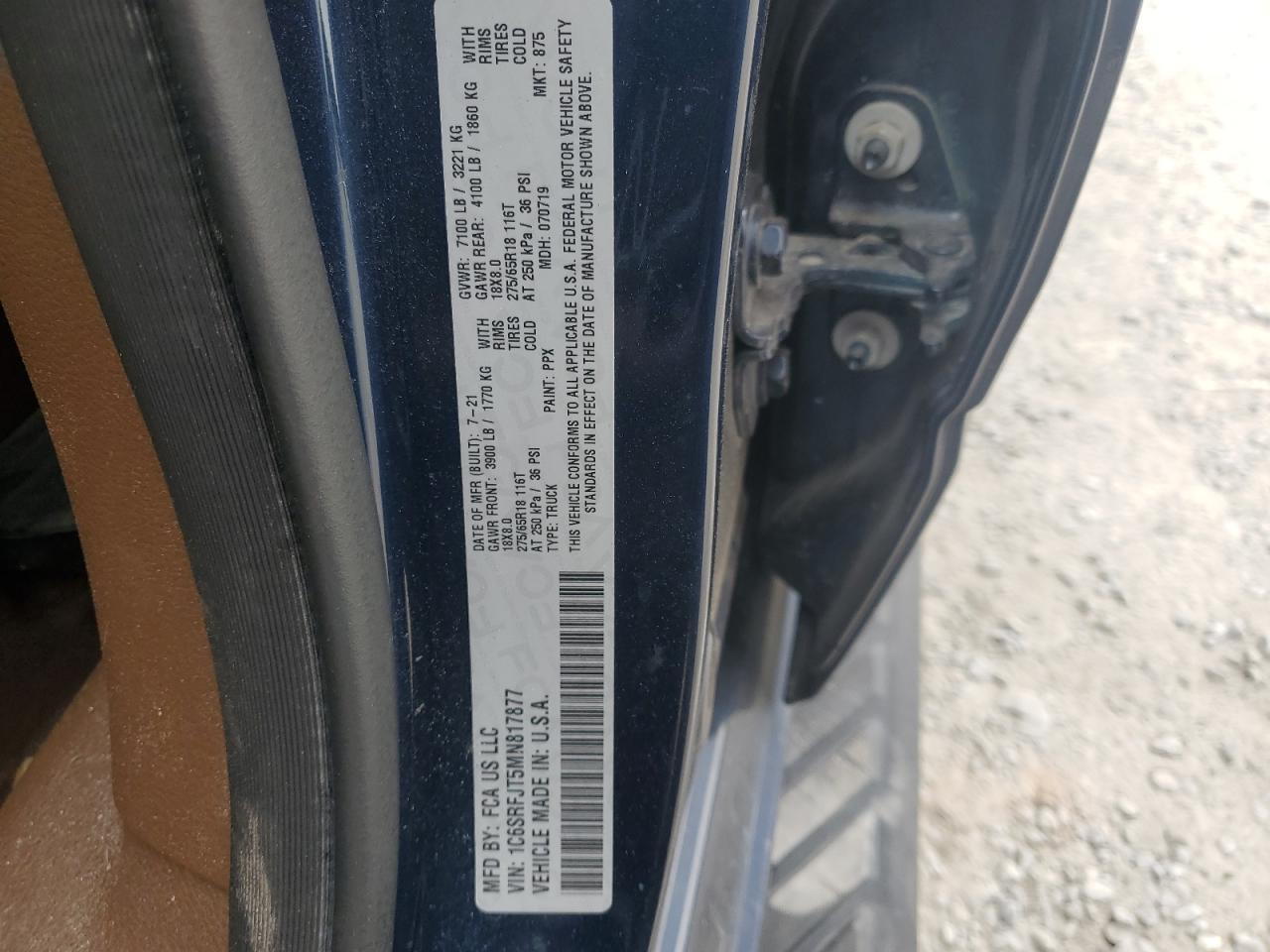 2021 Ram 1500 Laramie VIN: 1C6SRFJT5MN817877 Lot: 71263135