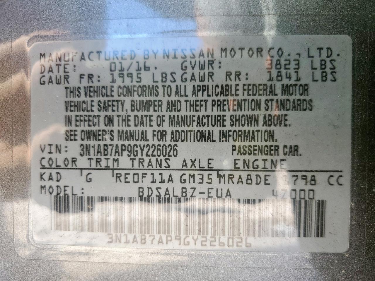 2016 Nissan Sentra S VIN: 3N1AB7AP9GY226026 Lot: 72046335