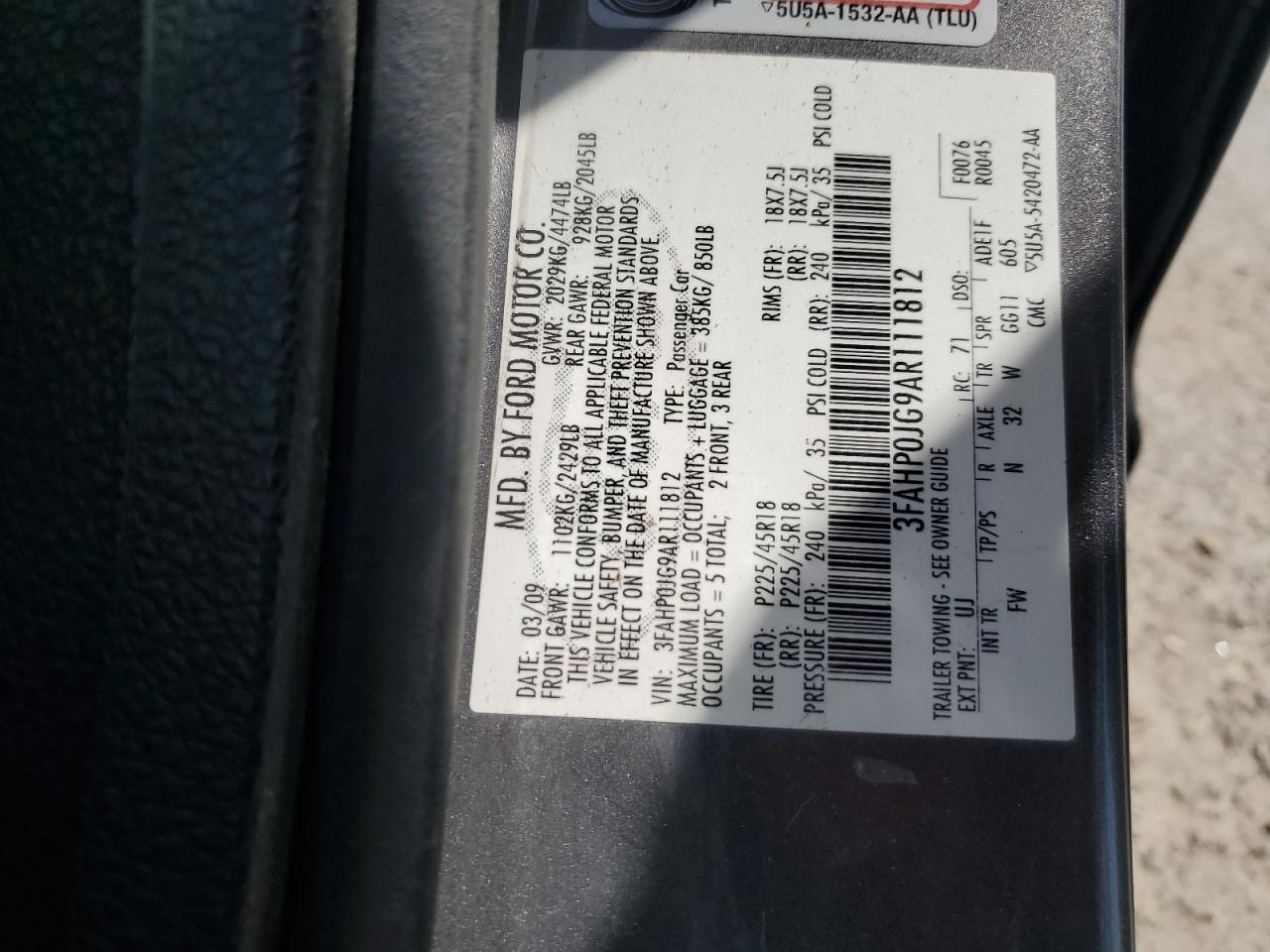 2010 Ford Fusion Sel VIN: 3FAHP0JG9AR111812 Lot: 80398265