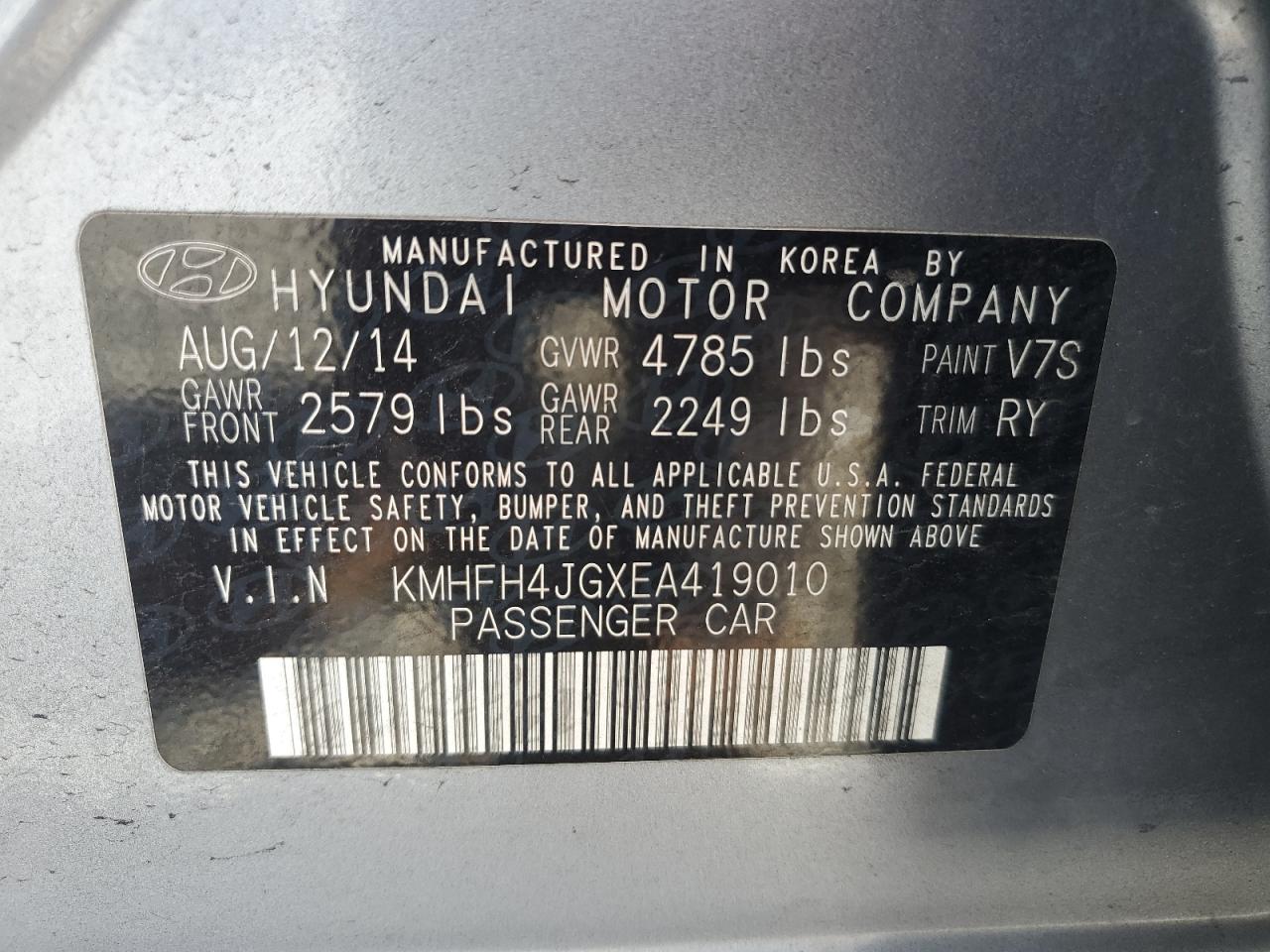 2014 Hyundai Azera Gls VIN: KMHFH4JGXEA419010 Lot: 80632425