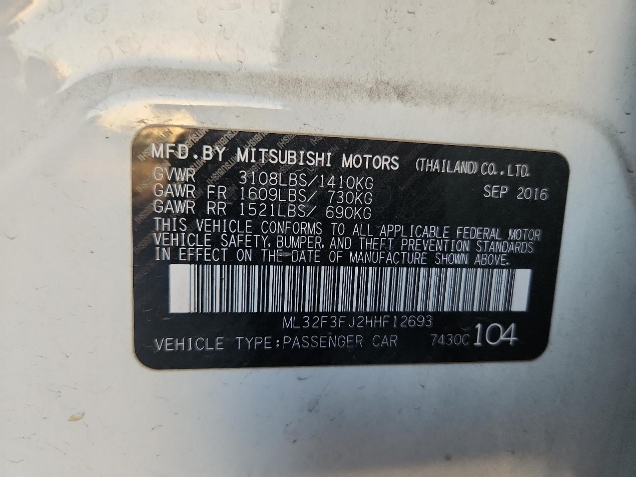 2017 Mitsubishi Mirage G4 Es VIN: ML32F3FJ2HHF12693 Lot: 81774835