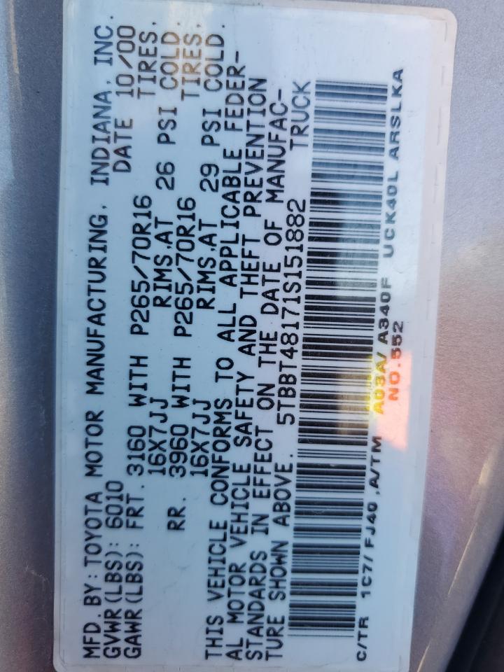 2001 Toyota Tundra Access Cab Limited VIN: 5TBBT48171S151882 Lot: 81711565