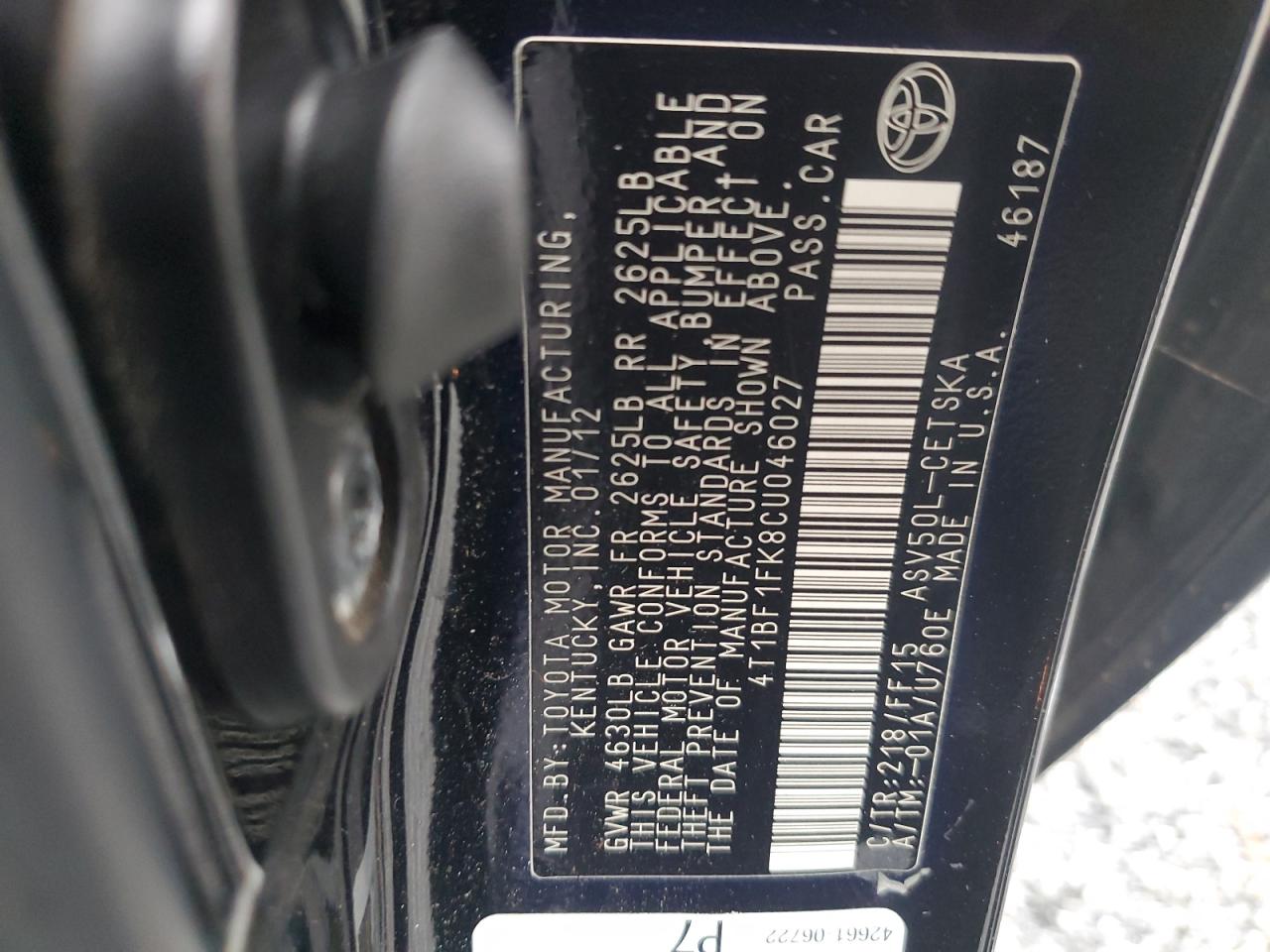 2012 Toyota Camry Base VIN: 4T1BF1FK8CU046027 Lot: 84237535