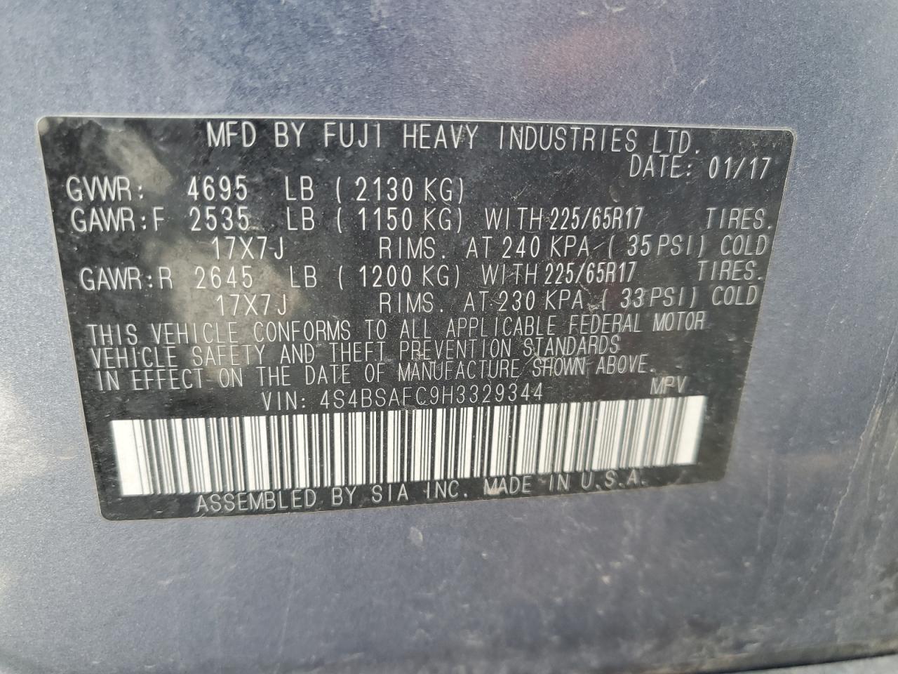 2017 Subaru Outback 2.5I Premium VIN: 4S4BSAFC9H3329344 Lot: 80492795