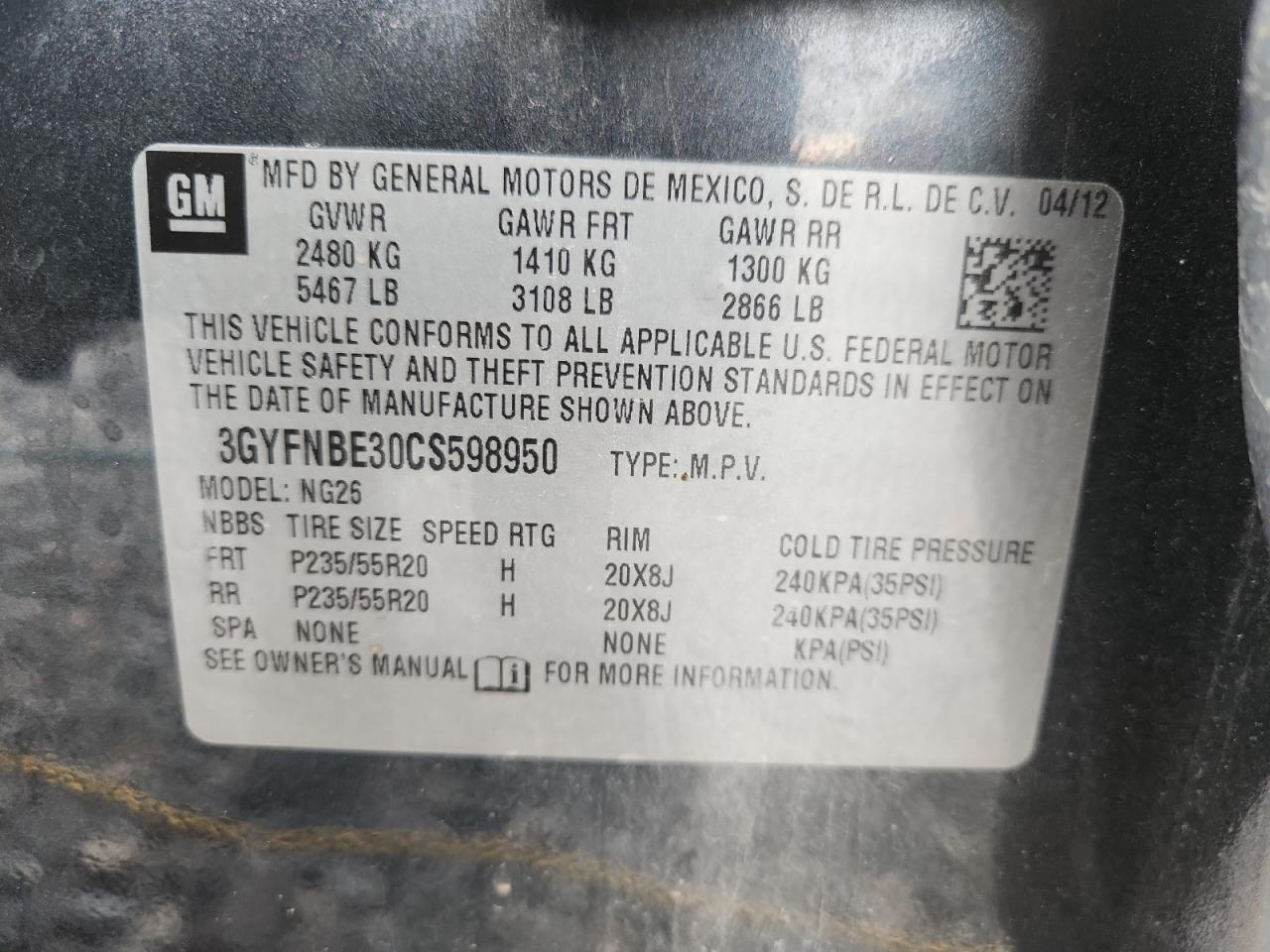 2012 Cadillac Srx Performance Collection VIN: 3GYFNBE30CS598950 Lot: 81205505