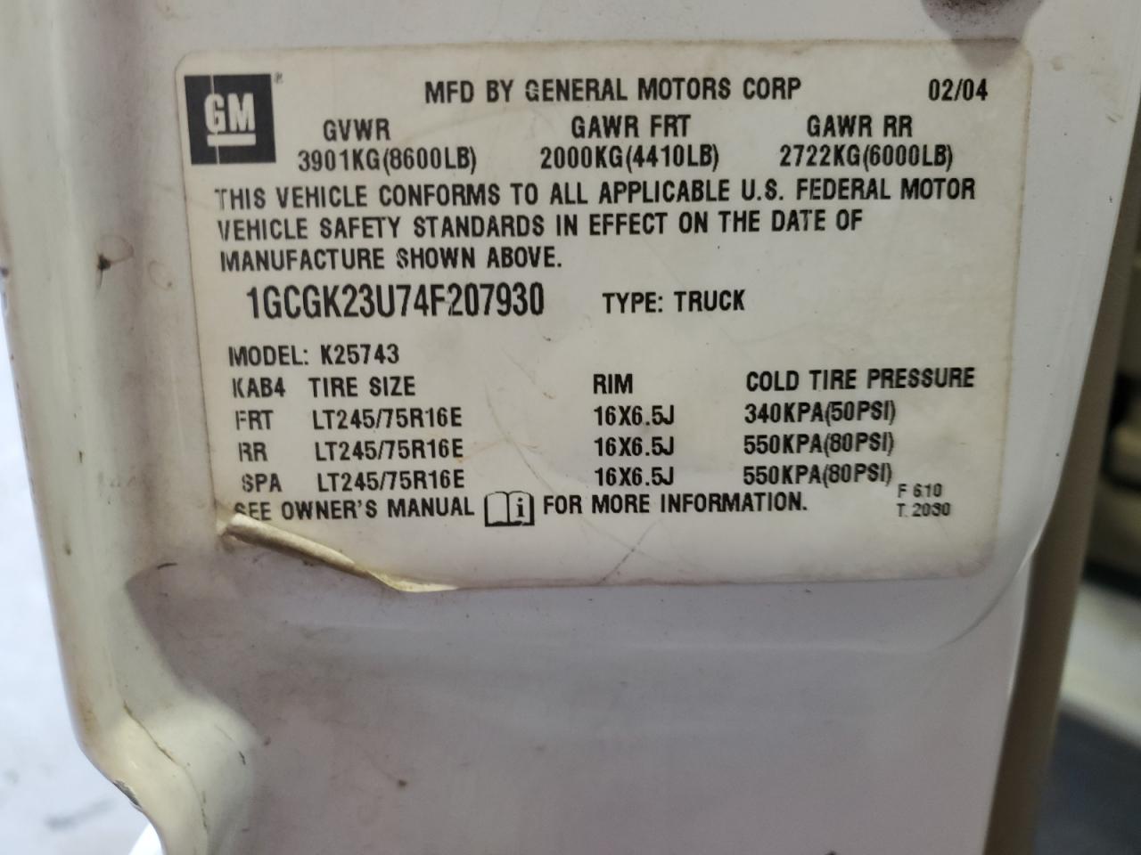 2004 Chevrolet Silverado K2500 VIN: 1GCGK23U74F207930 Lot: 81108635