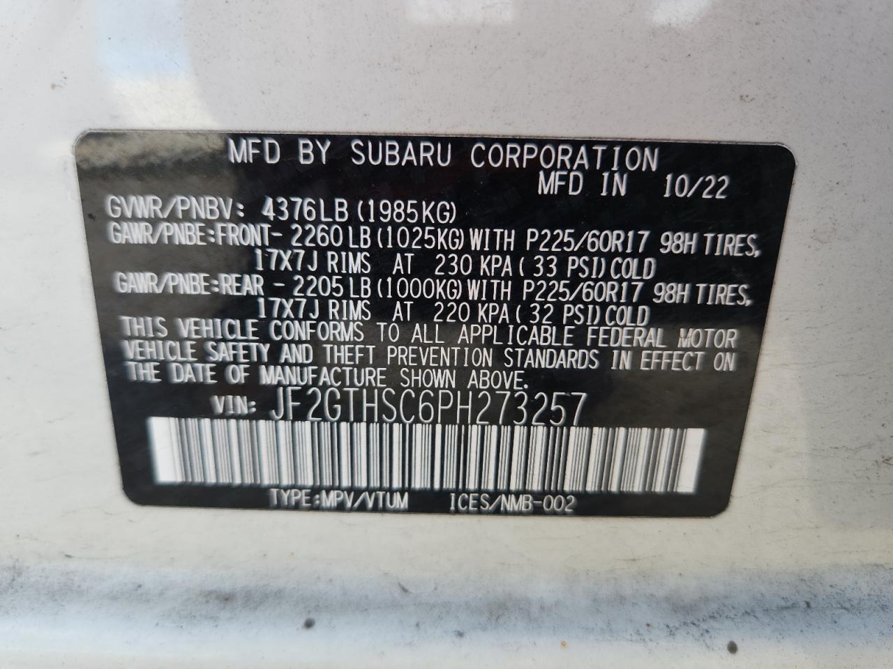 2023 Subaru Crosstrek Sport VIN: JF2GTHSC6PH273257 Lot: 84274035