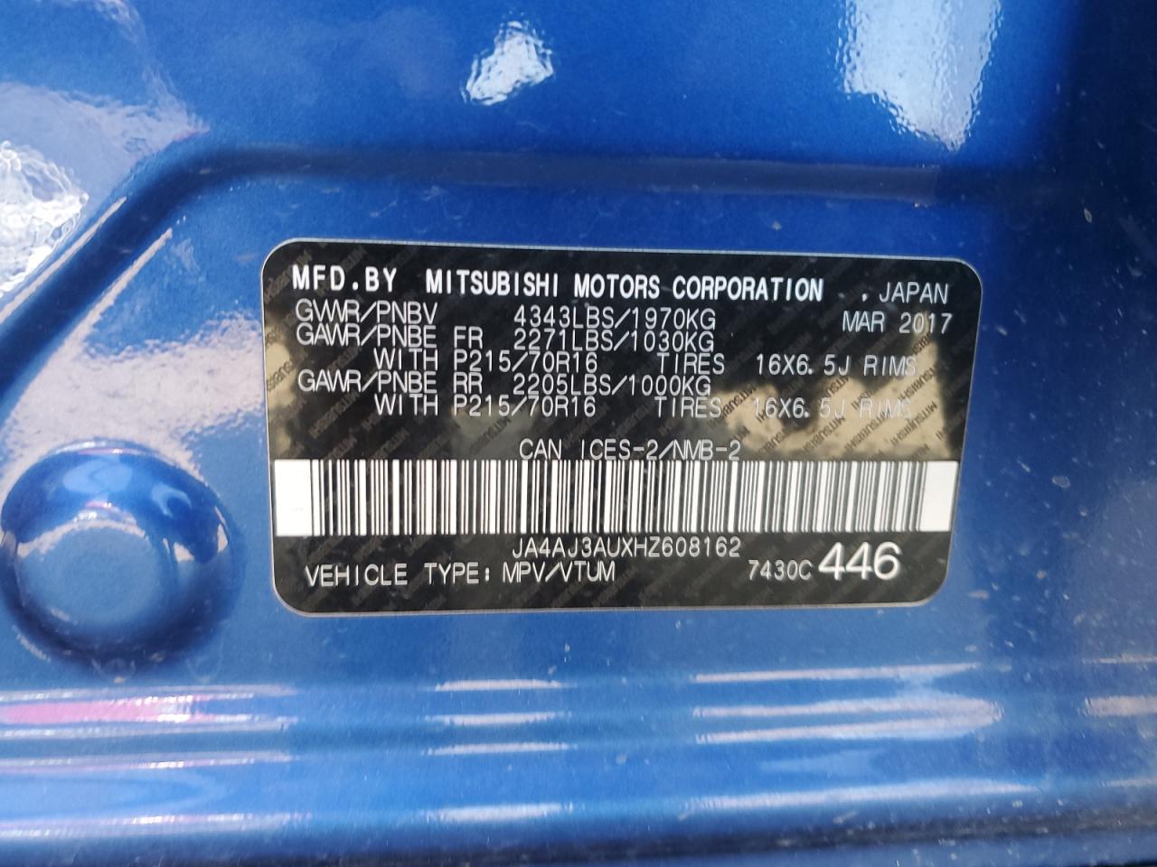 2017 Mitsubishi Rvr Se VIN: JA4AJ3AUXHZ608162 Lot: 80609615