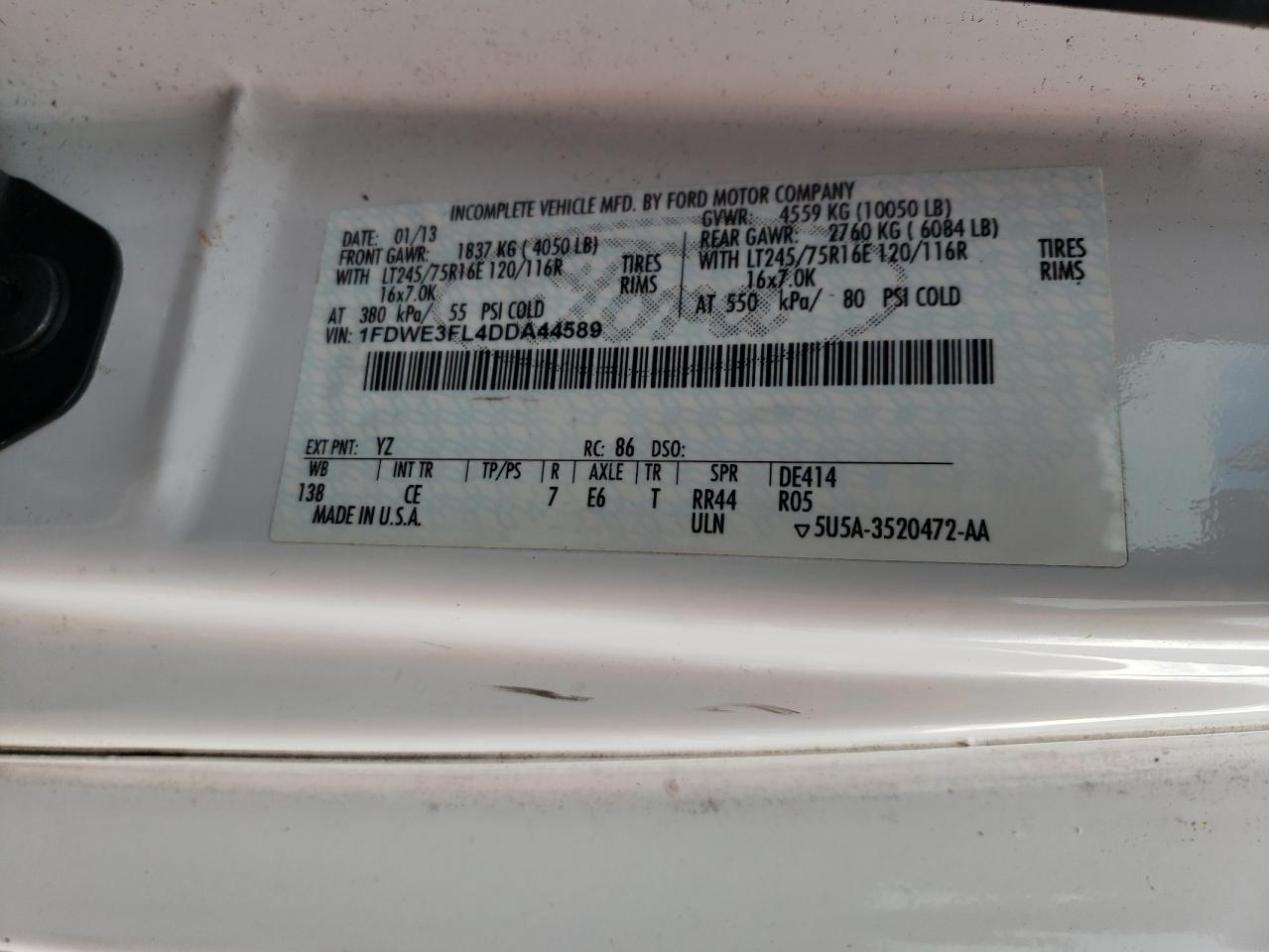 2013 Ford Econoline E350 Super Duty Cutaway Van VIN: 1FDWE3FL4DDA44589 Lot: 81612465