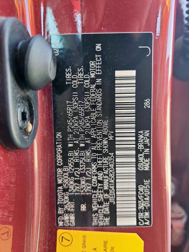 2008 Toyota Highlander VIN: JTEDS41A582040354 Lot: 70176765