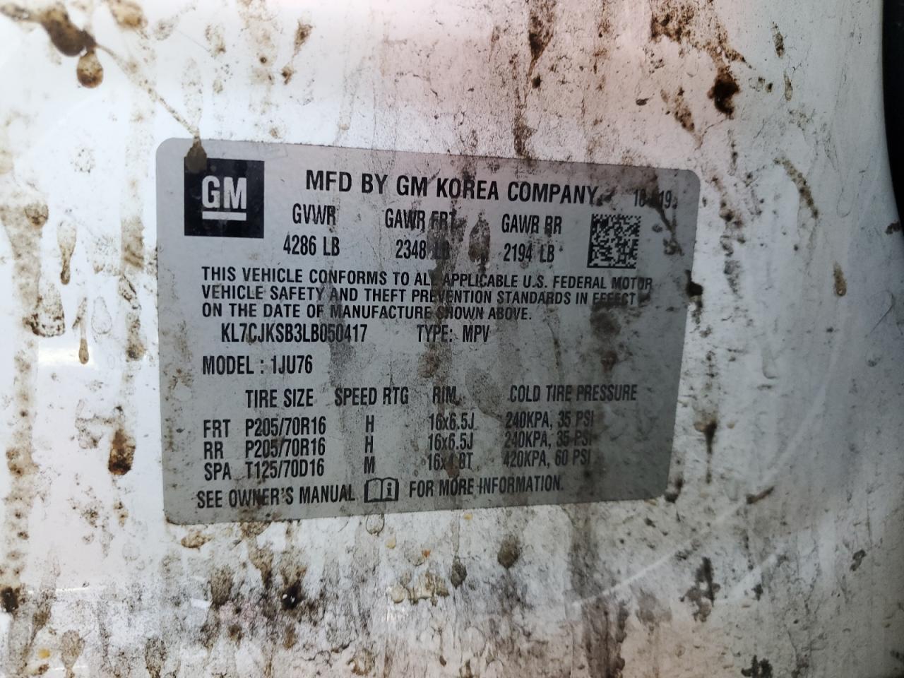 2020 Chevrolet Trax Ls VIN: KL7CJKSB3LB050417 Lot: 71210825