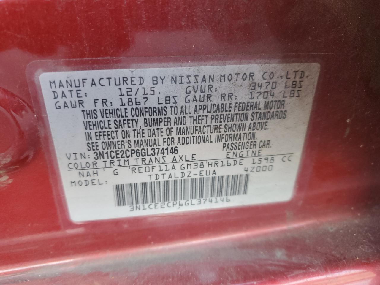 2016 Nissan Versa Note S VIN: 3N1CE2CP6GL374146 Lot: 81609435