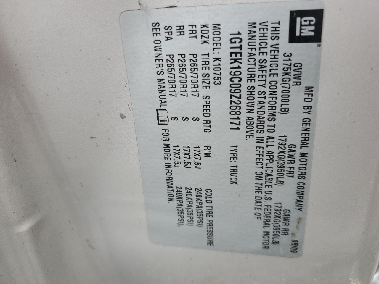 2009 GMC Sierra K1500 VIN: 1GTEK19C09Z268171 Lot: 83971865