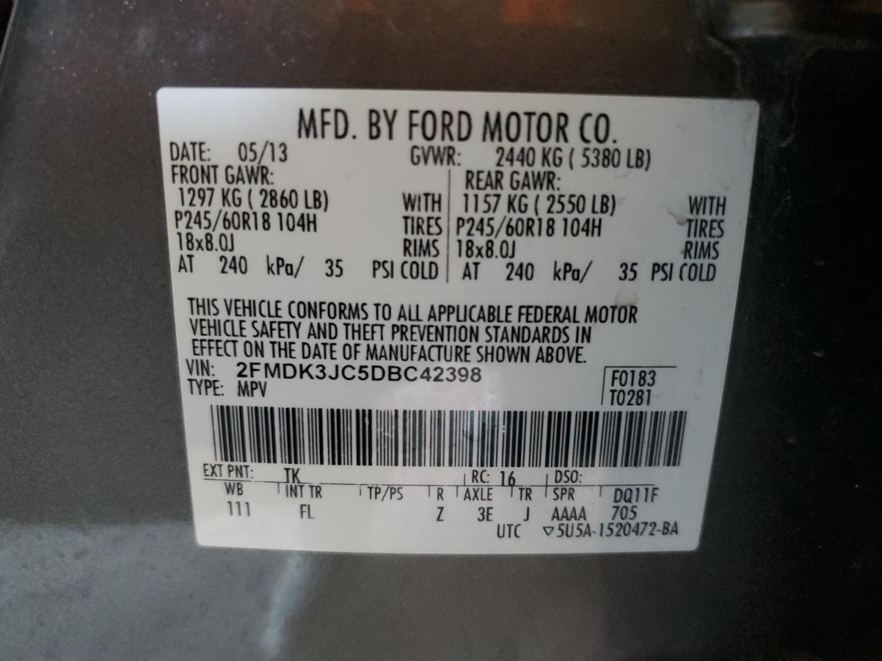 2013 Ford Edge Sel VIN: 2FMDK3JC5DBC42398 Lot: 84653445