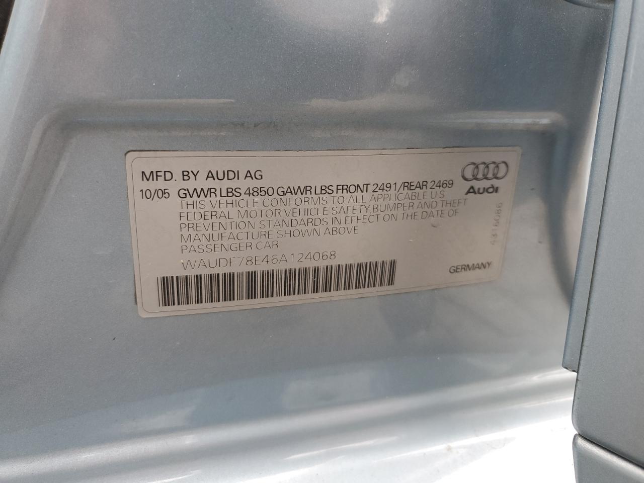 2006 Audi A4 2.0T Quattro VIN: WAUDF78E46A124068 Lot: 80579775