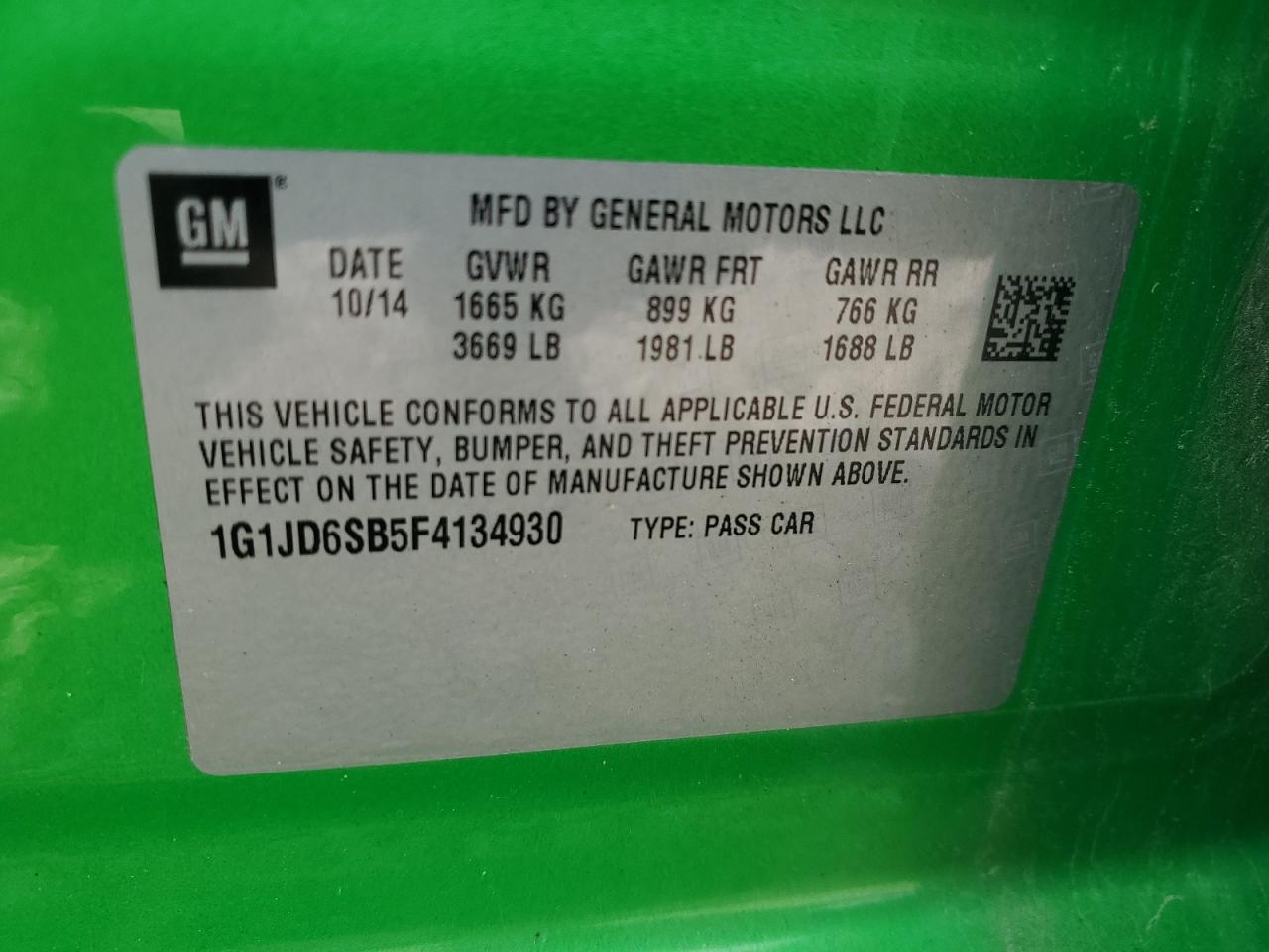 2015 Chevrolet Sonic Lt VIN: 1G1JD6SB5F4134930 Lot: 80347165