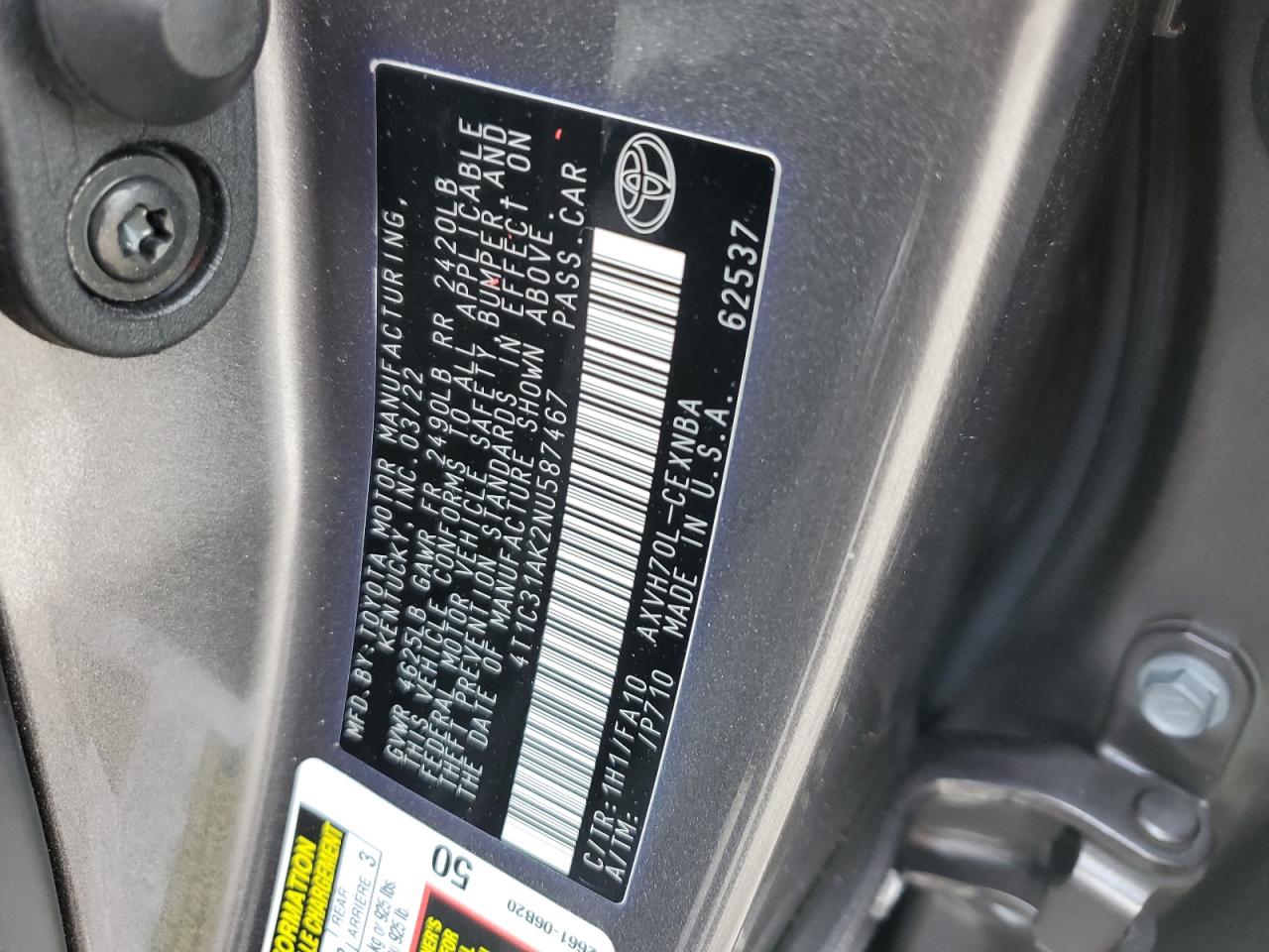 2022 Toyota Camry Le VIN: 4T1C31AK2NU587467 Lot: 81838845