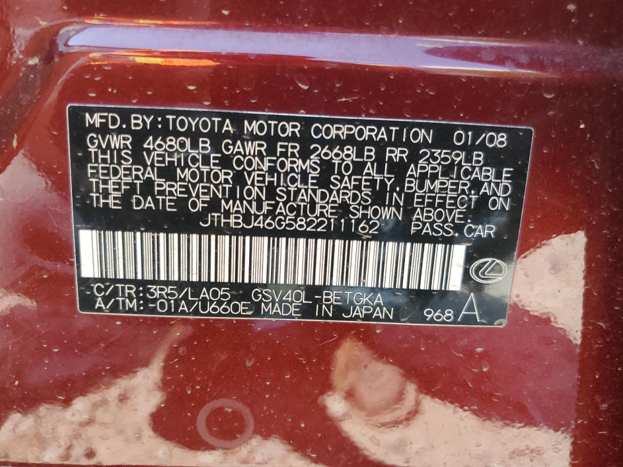 2008 Lexus Es 350 VIN: JTHBJ46G582211162 Lot: 80445975