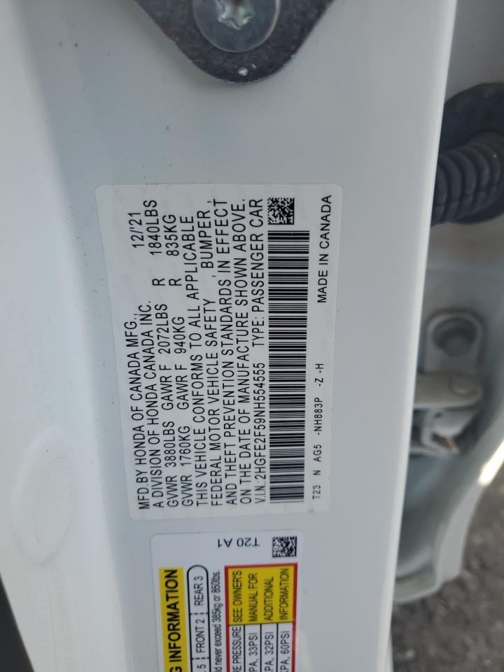 2022 Honda Civic Sport VIN: 2HGFE2F59NH554555 Lot: 84424605