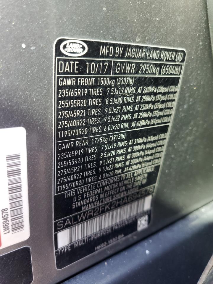 2017 Land Rover Range Rover Sport Hse VIN: SALWR2FK2HA694578 Lot: 80857685