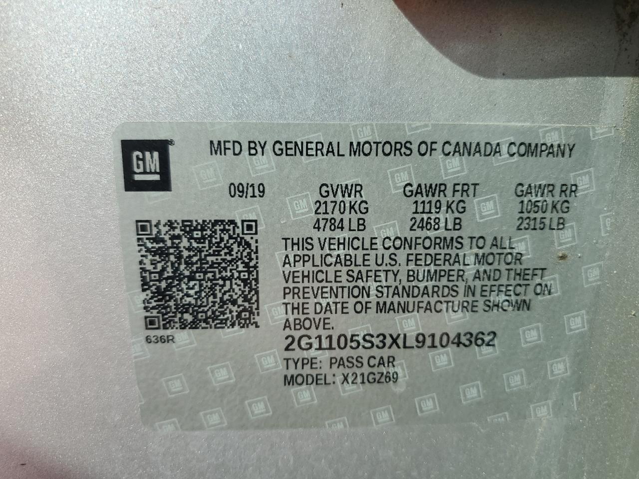 2020 Chevrolet Impala Premier VIN: 2G1105S3XL9104362 Lot: 81966535