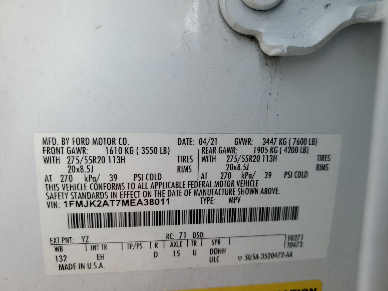 2021 Ford Expedition Max Limited VIN: 1FMJK2AT7MEA38011 Lot: 80831075