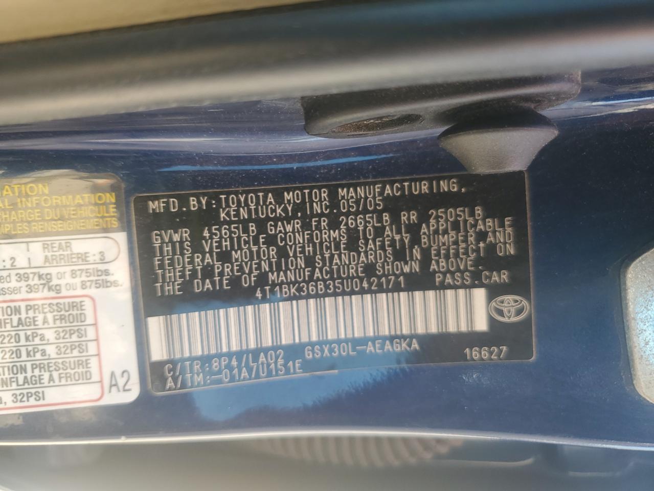 2005 Toyota Avalon Xl VIN: 4T1BK36B35U042171 Lot: 80413885