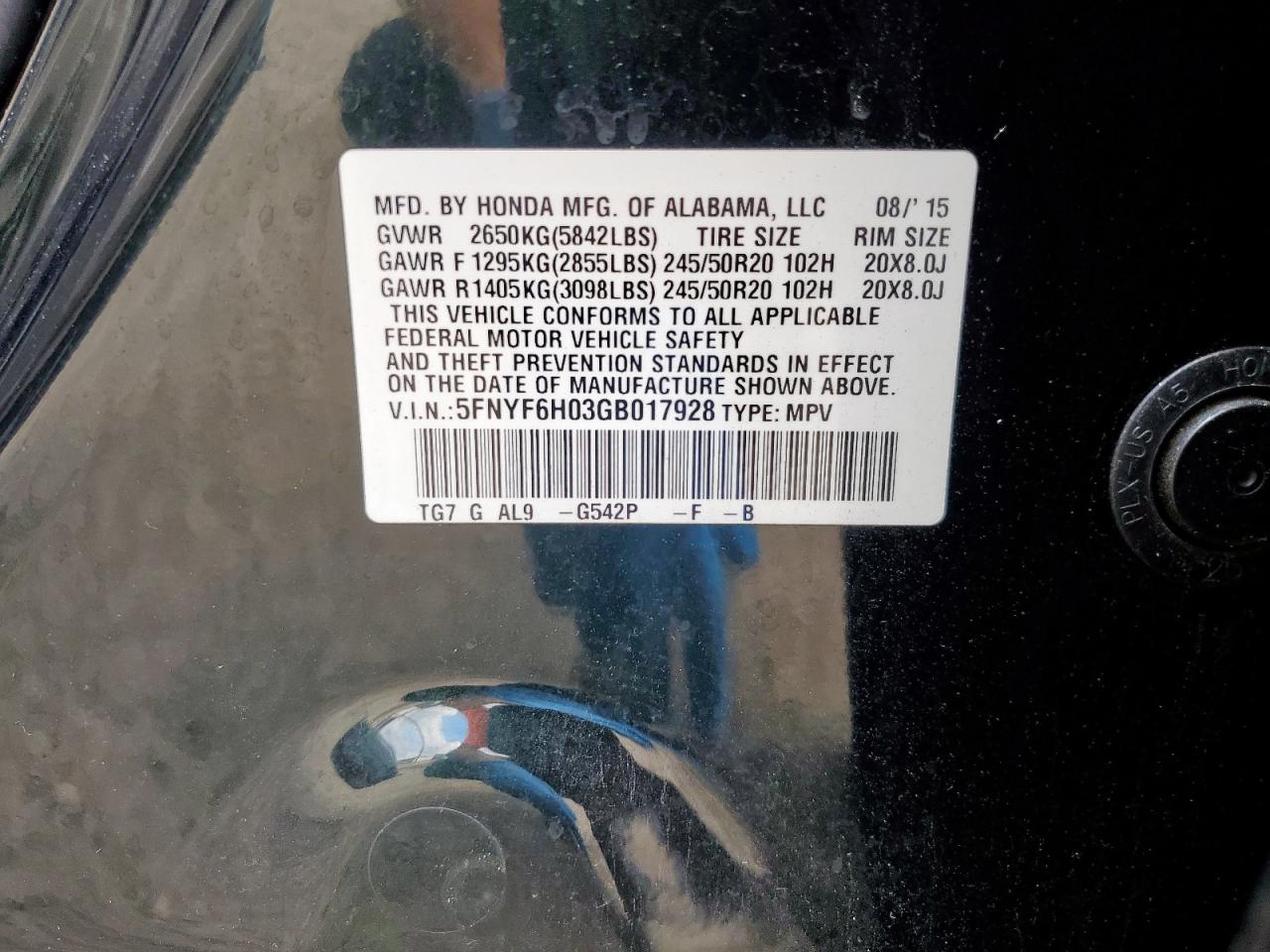 2016 Honda Pilot Elite VIN: 5FNYF6H03GB017928 Lot: 83941875