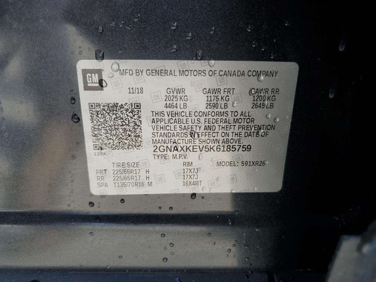2019 Chevrolet Equinox Lt VIN: 2GNAXKEV5K6185759 Lot: 72004045