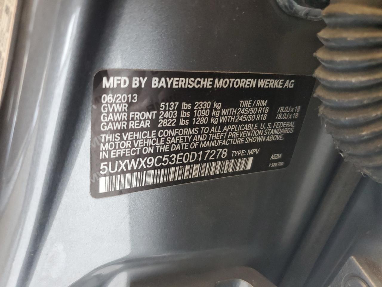 2014 BMW X3 xDrive28I VIN: 5UXWX9C53E0D17278 Lot: 70839595