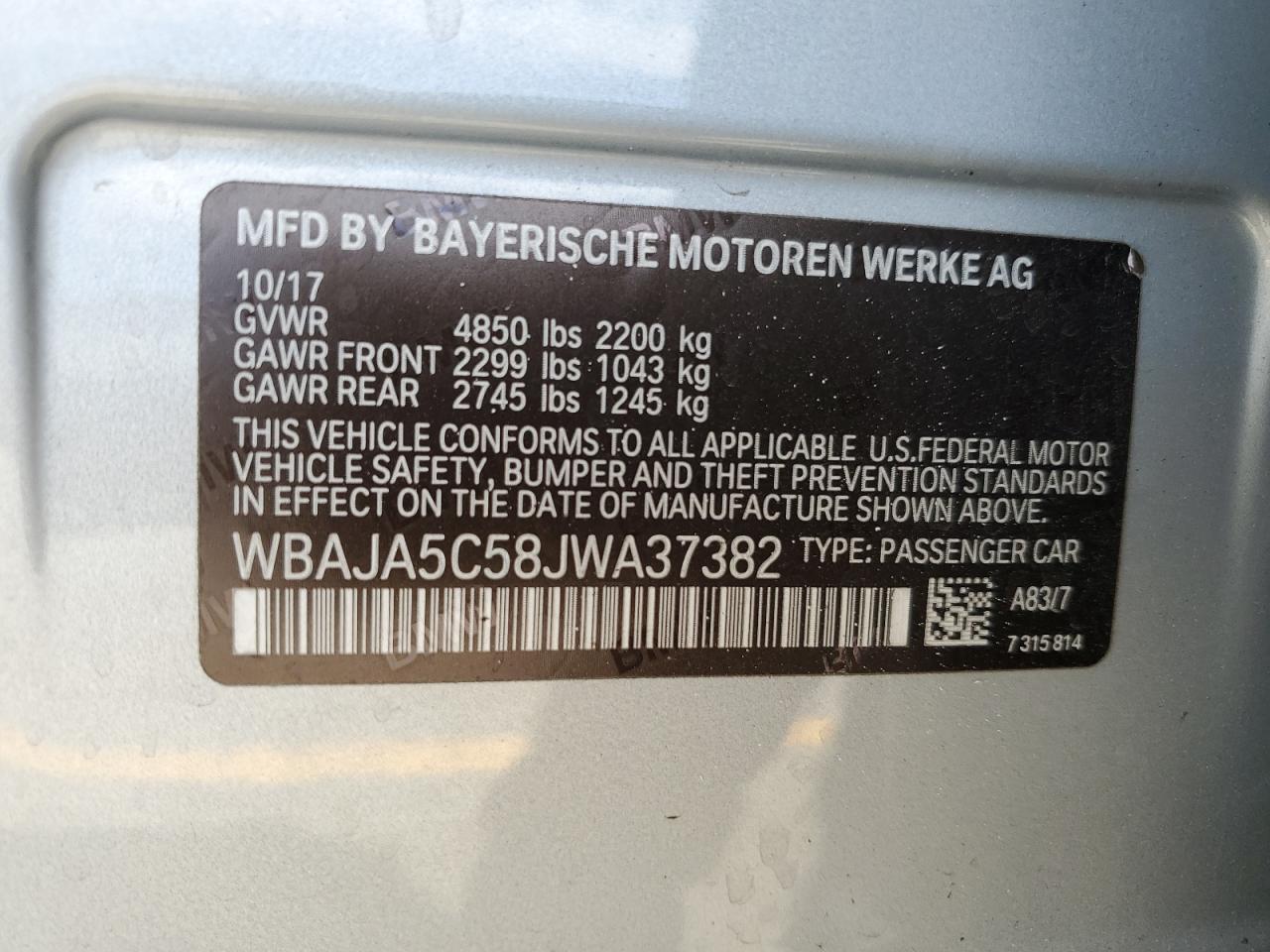 2018 BMW 530 I VIN: WBAJA5C58JWA37382 Lot: 72099975