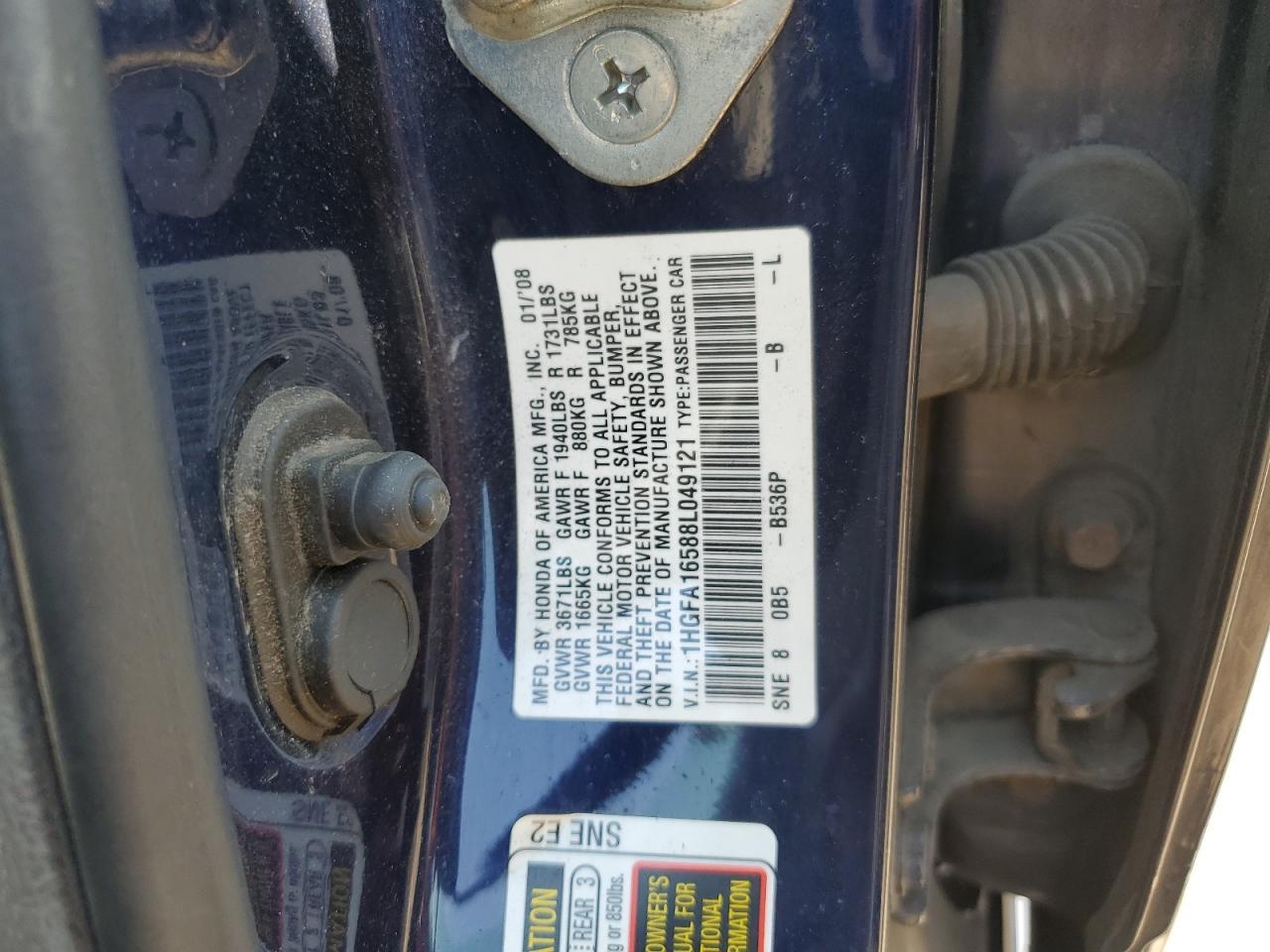 2008 Honda Civic Lx VIN: 1HGFA16588L049121 Lot: 81116335