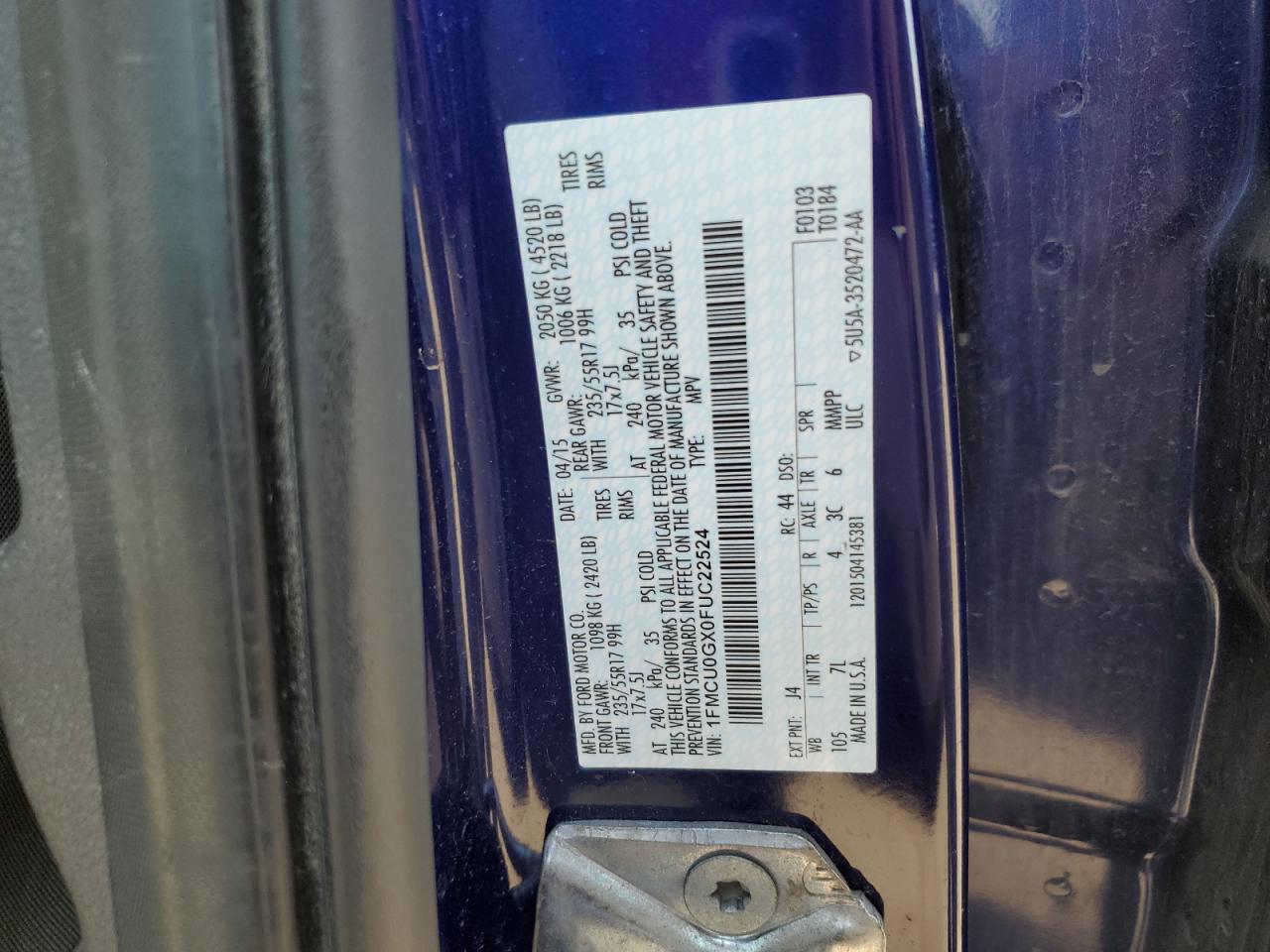 2015 Ford Escape Se VIN: 1FMCU0GX0FUC22524 Lot: 80991825