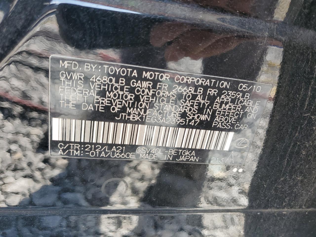 2010 Lexus Es 350 VIN: JTHBK1EG3A2395147 Lot: 71096895