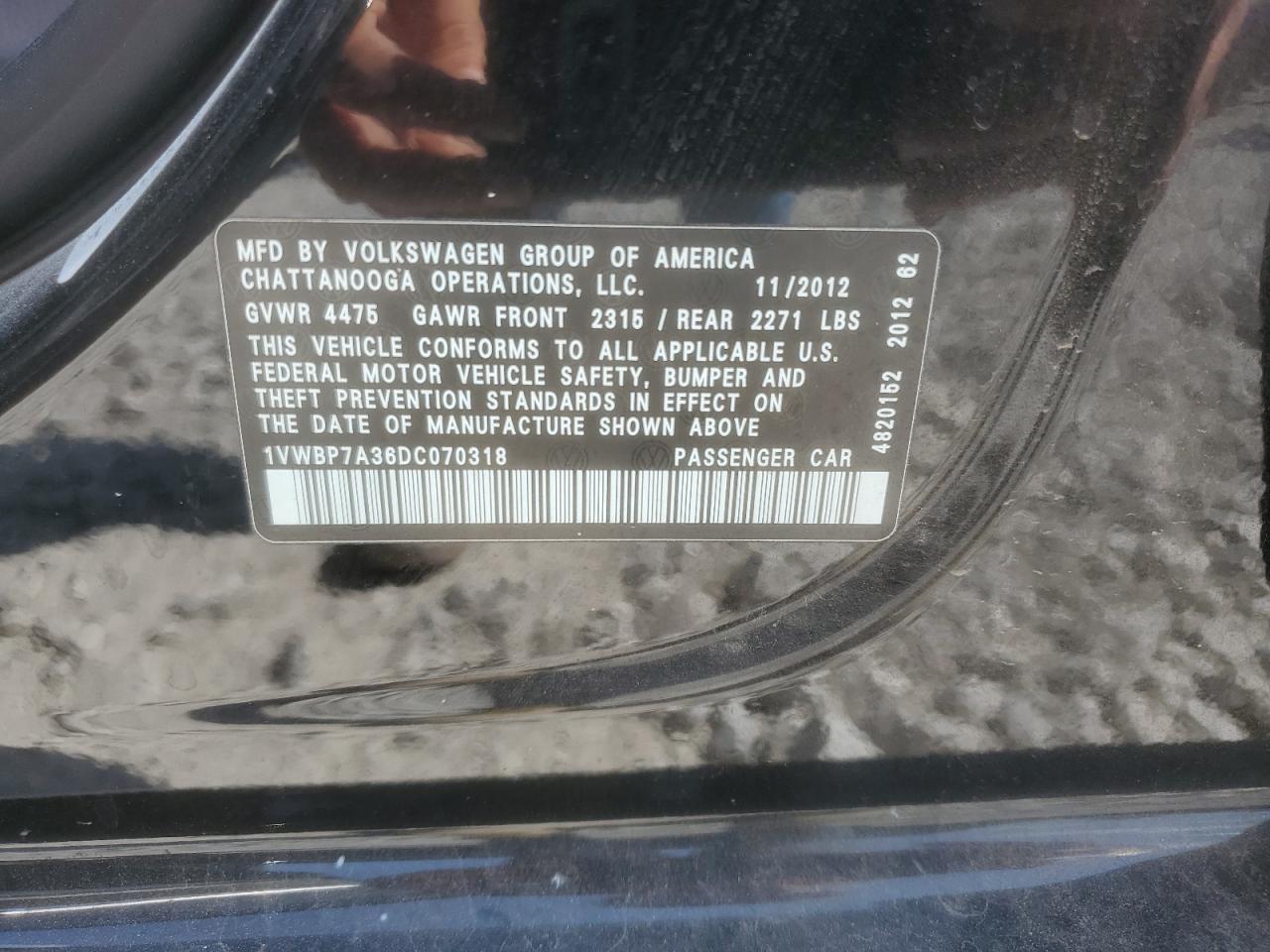 2013 Volkswagen Passat Se VIN: 1VWBP7A36DC070318 Lot: 80442555