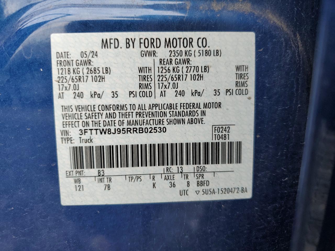 2024 Ford Maverick Xlt VIN: 3FTTW8J95RRB02530 Lot: 83853885