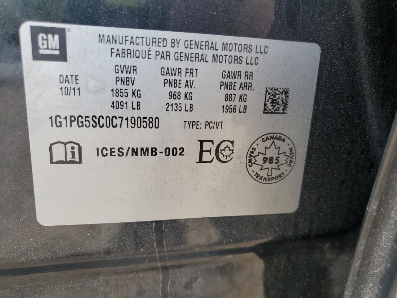 2012 Chevrolet Cruze Lt VIN: 1G1PG5SC0C7190580 Lot: 81378675