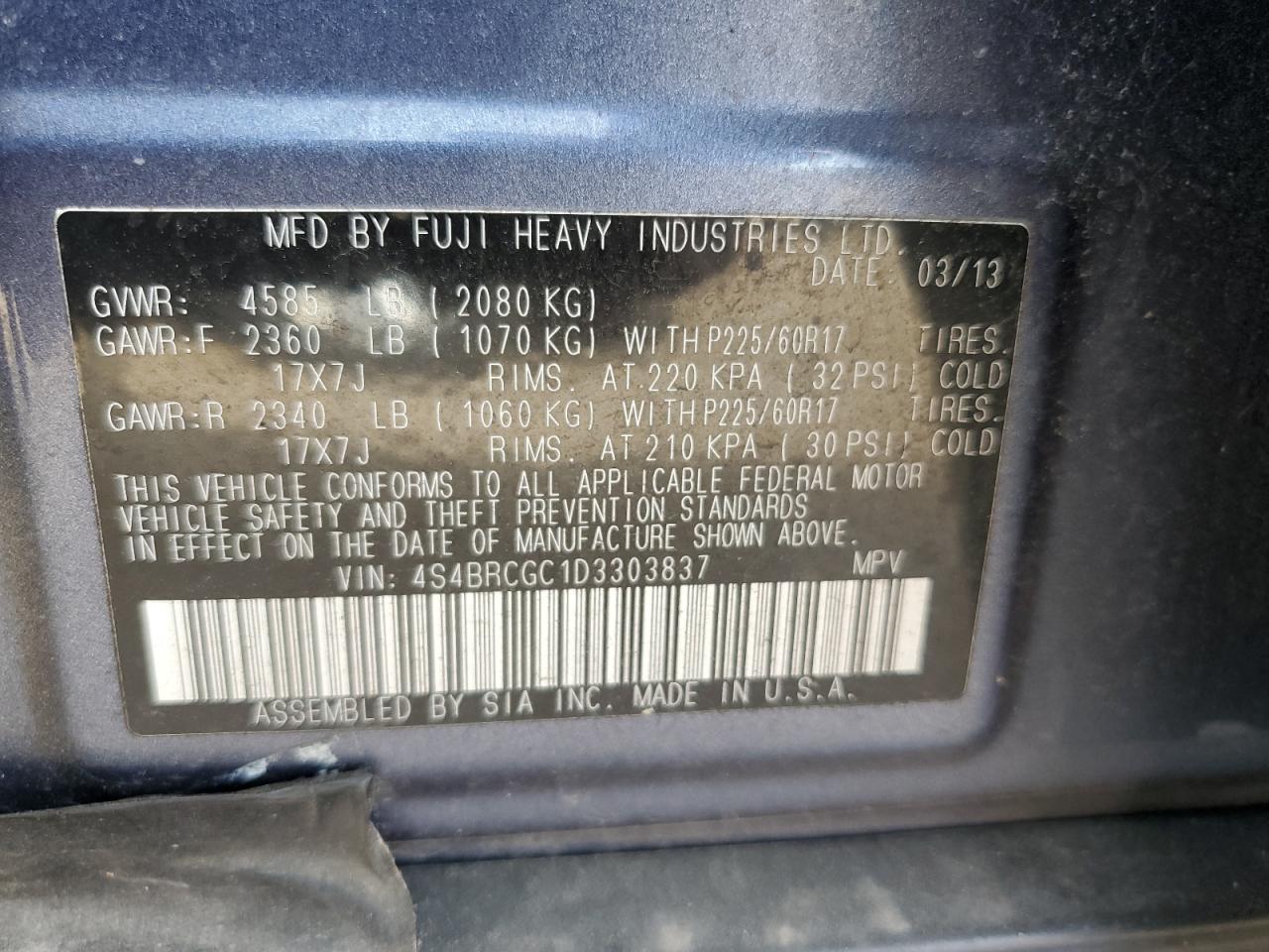 2013 Subaru Outback 2.5I Premium VIN: 4S4BRCGC1D3303837 Lot: 83826755