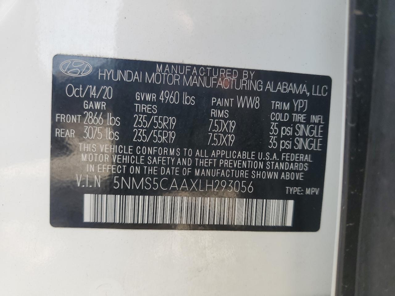 2020 Hyundai Santa Fe Limited VIN: 5NMS5CAAXLH293056 Lot: 82036575