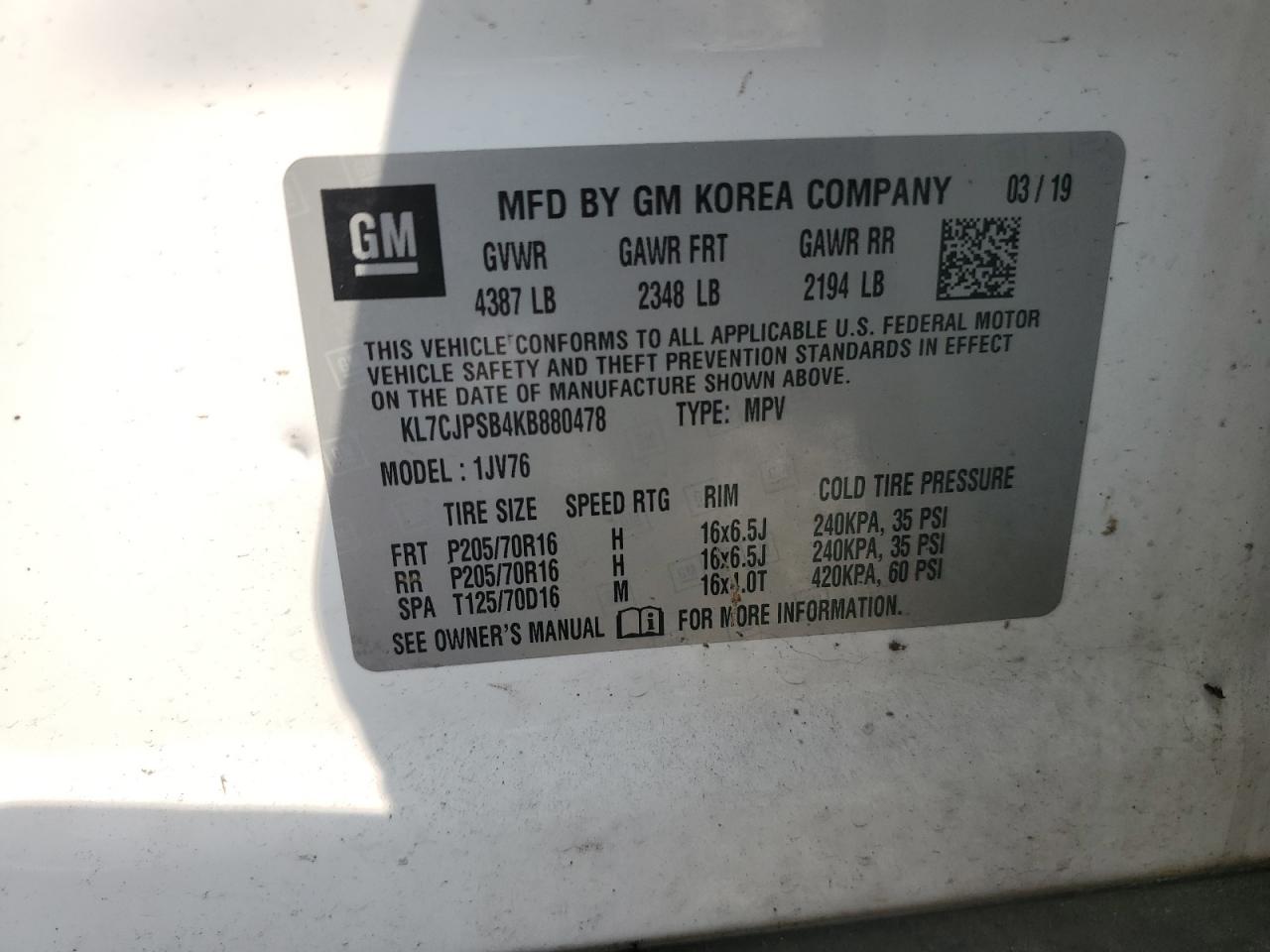 2019 Chevrolet Trax 1Lt VIN: KL7CJPSB4KB880478 Lot: 81693895