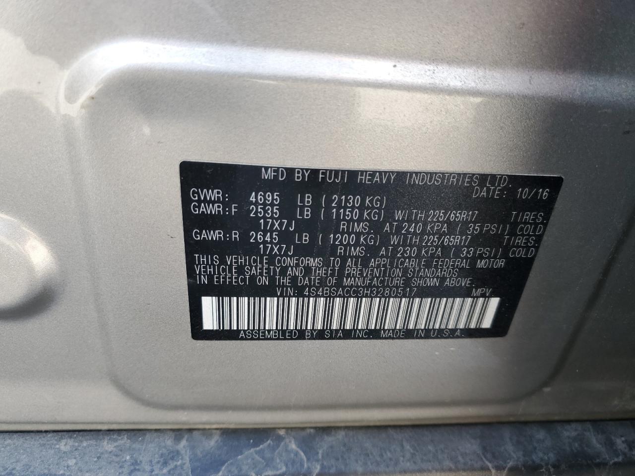 2017 Subaru Outback 2.5I Premium VIN: 4S4BSACC3H3280517 Lot: 71418385