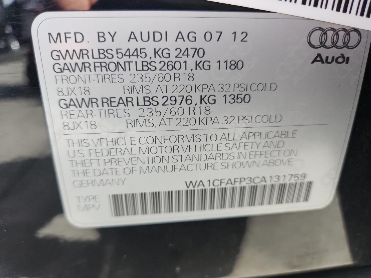 2012 Audi Q5 Premium VIN: WA1CFAFP3CA131759 Lot: 81064945