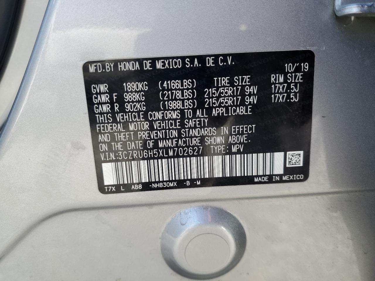 2020 Honda Hr-V Ex VIN: 3CZRU6H5XLM702627 Lot: 84046215