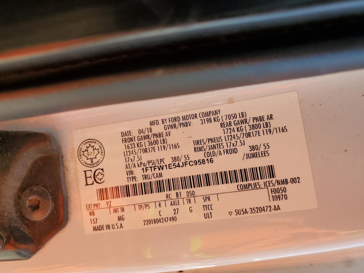 2018 Ford F150 Supercrew VIN: 1FTFW1E54JFC95816 Lot: 71119085